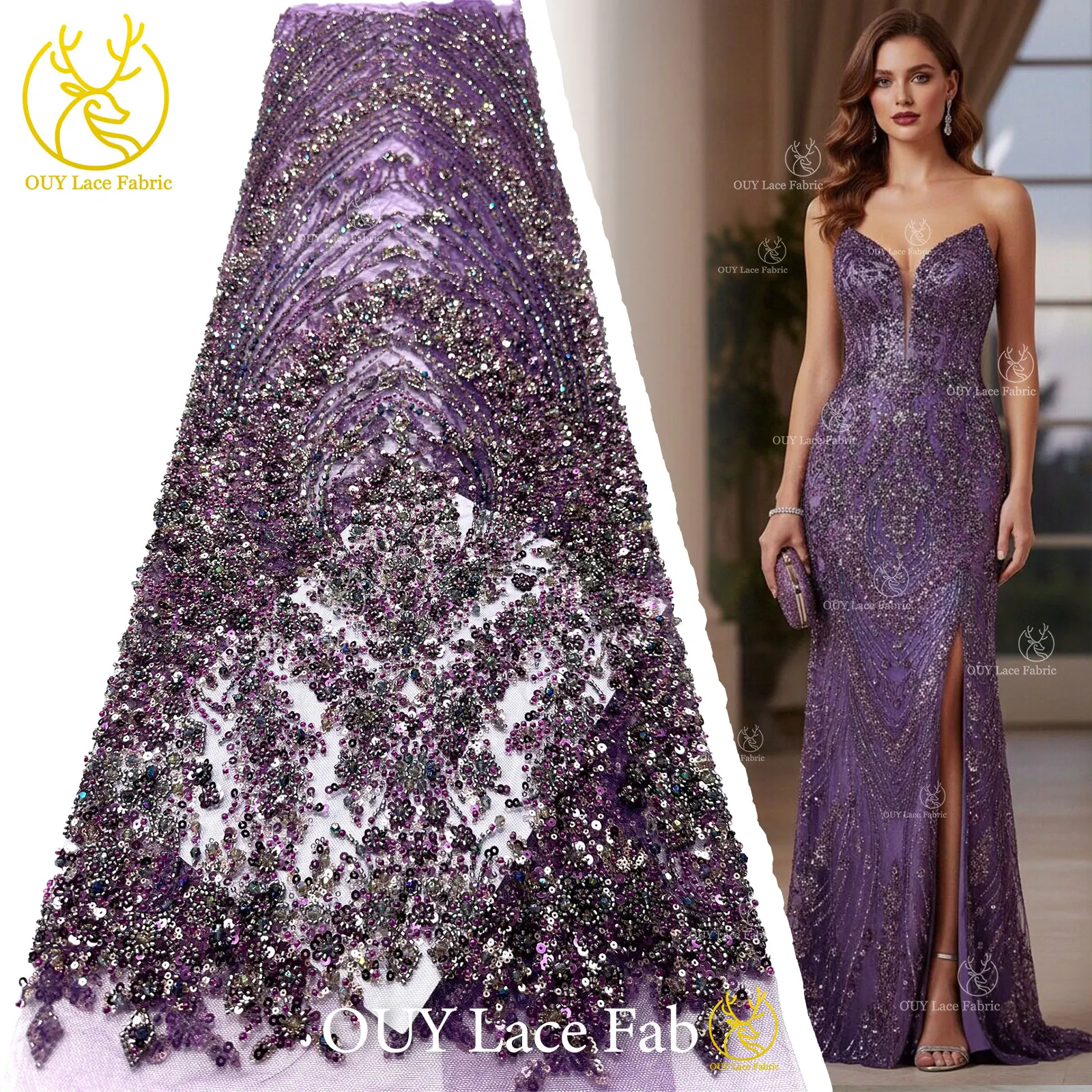 

New Luxury Custom Women's Party Dress Lace Fabric 2026 Exquisite African Handcrafted Heavy Beaded Sequin Lace Material 5 Yards