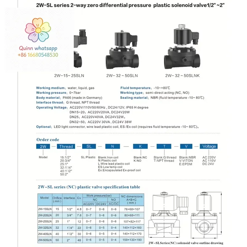 ms 2W-20-SL 3/4 inch Plastic Solenoid Valve PA66 for DC24V AC220V 2 Way