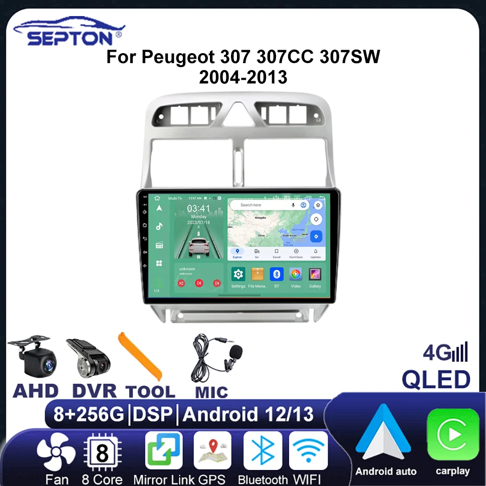 

SEPTON Android 12 Car Radio for Peugeot 307 307CC 307SW 2004-2013 Multimedia Stereo WiFi Video GPS 2din Player 4G 8core Carplay