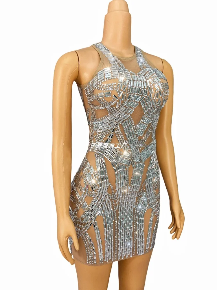 2024 new European and American high-end shiny rhinestone slim mesh vest skirt party night female singer stage costume