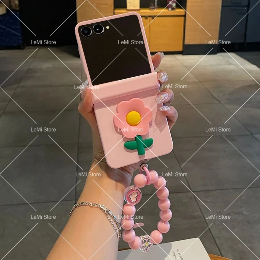 Funda para Teléfono con Cadena de Mano y Flor para Samsung Galaxy Z Flip 7 FE 3 4 5 6, Motorola Razr 70 40 50 60 Ultra, Xiaomi Mix Flip 2