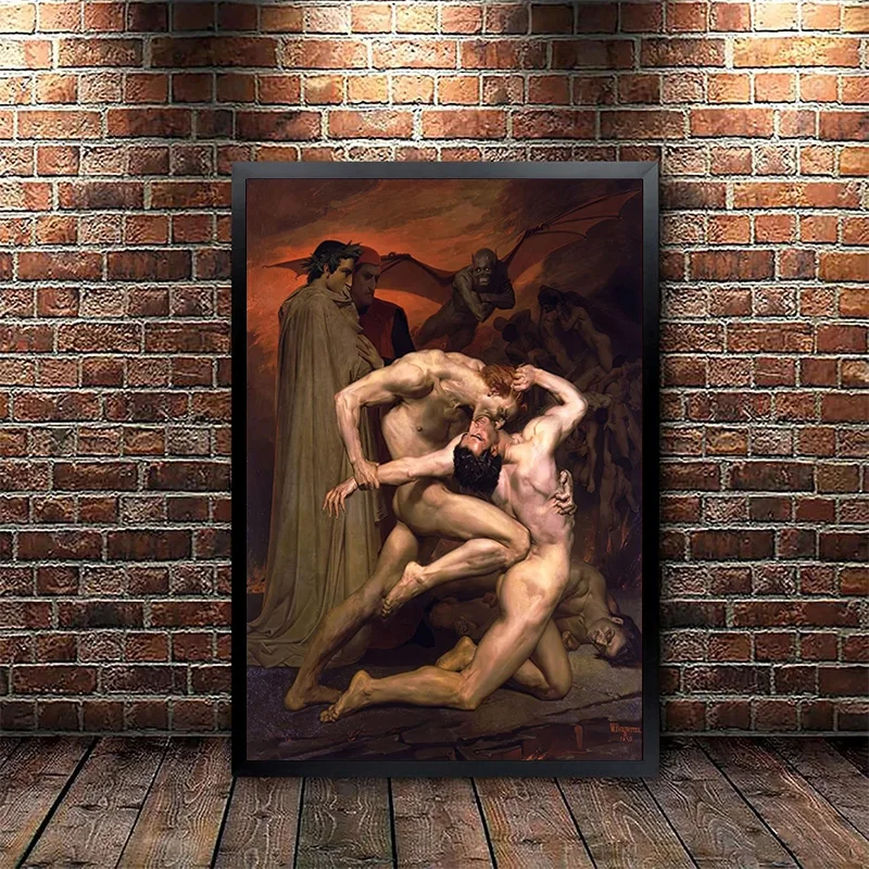 Vintage Poster Dante and Virgil in Hell William Adolphe Bouguereau Antique Oil Painting Reproduction Canvas Print Wall Art Decor