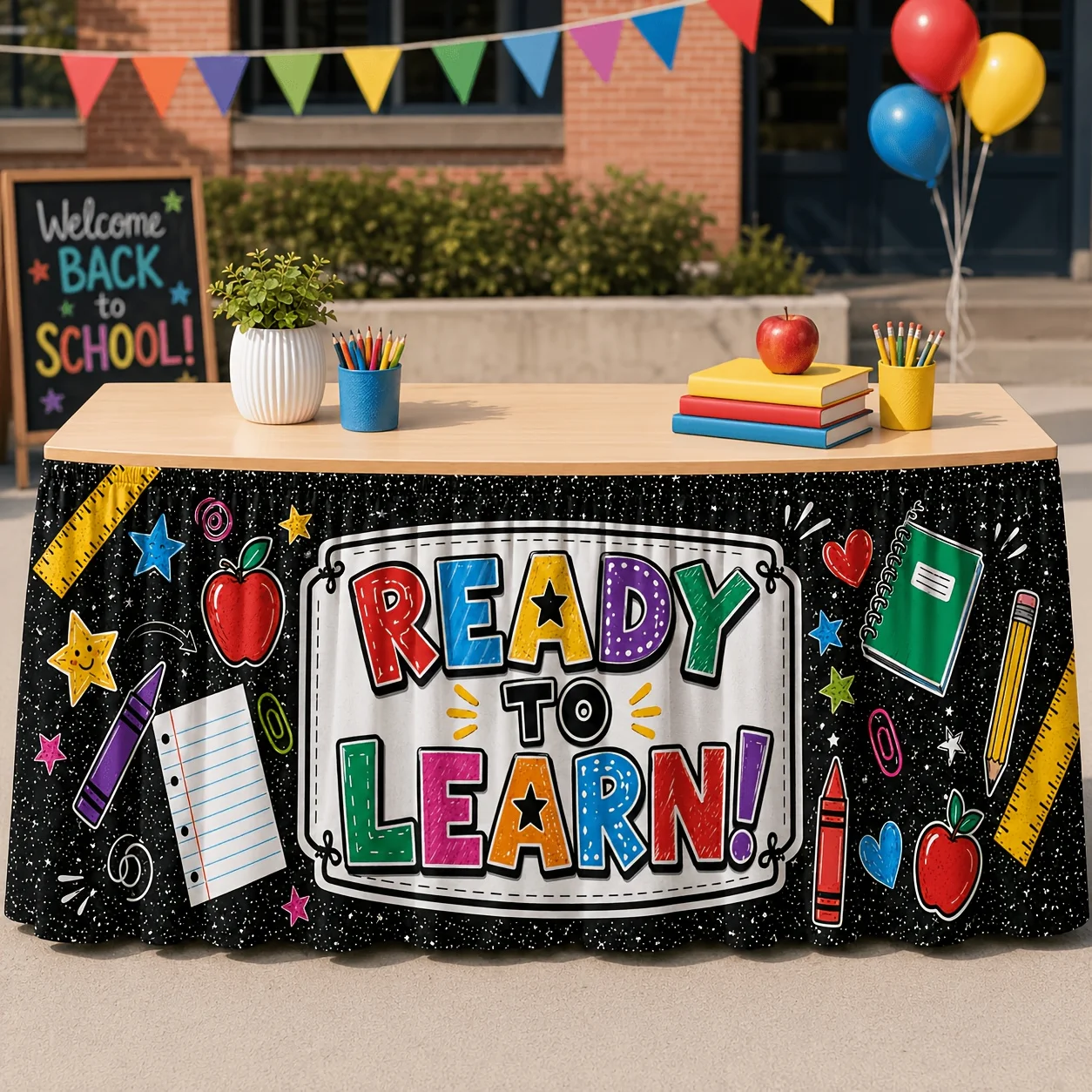 1-piece campus-themed table skirt, suitable for classroom decoration - colorful chalkboard alphanumeric design