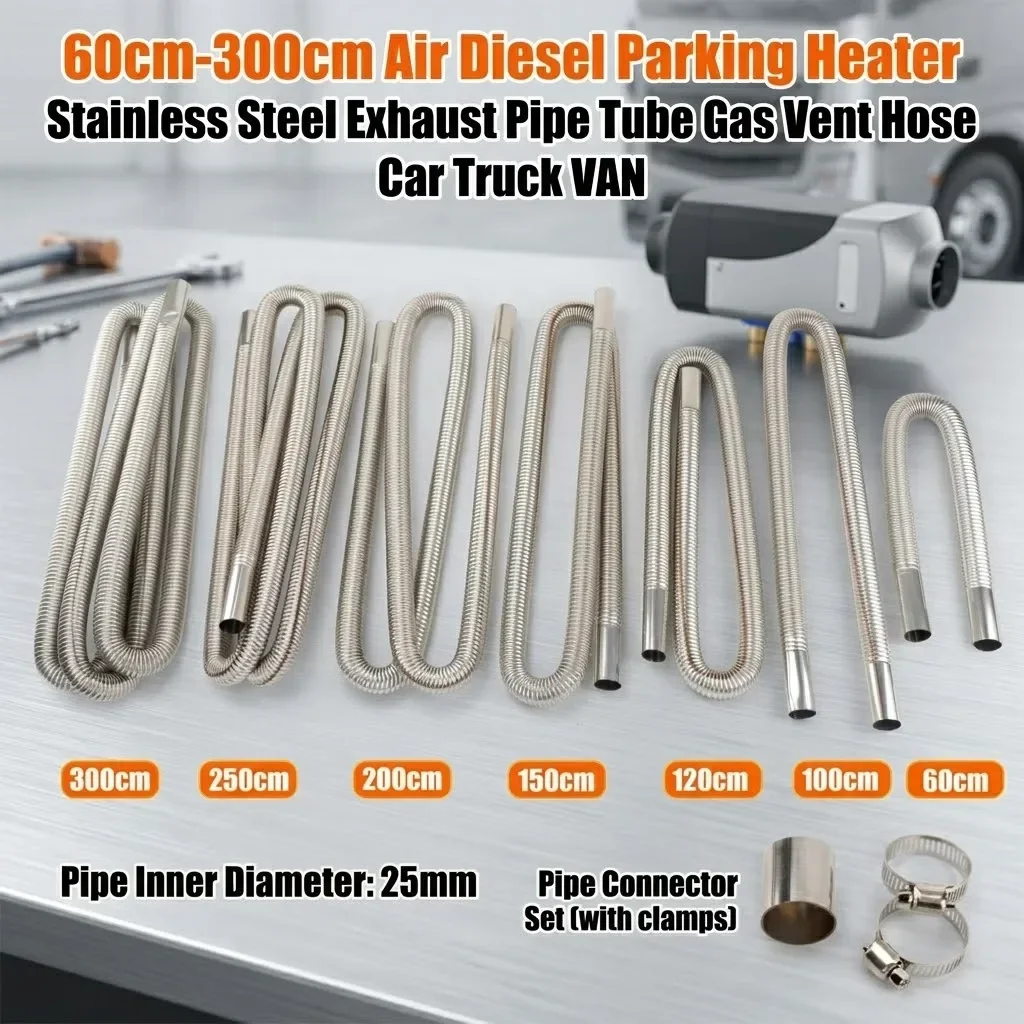 60cm-300cm Air Diesel Parking Heater Stainless Steel Exhaust Pipe Tube Vent Hose Elbow Connector W /Clamps For Car Truck Van