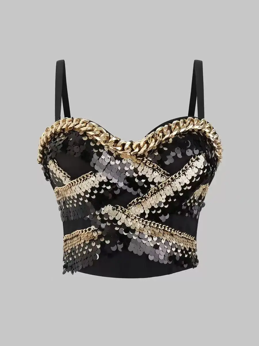 

French tube top vest for women, metal sequins, sexy bra for outer wear, retro, high-end fashion, elegant fishbone bra