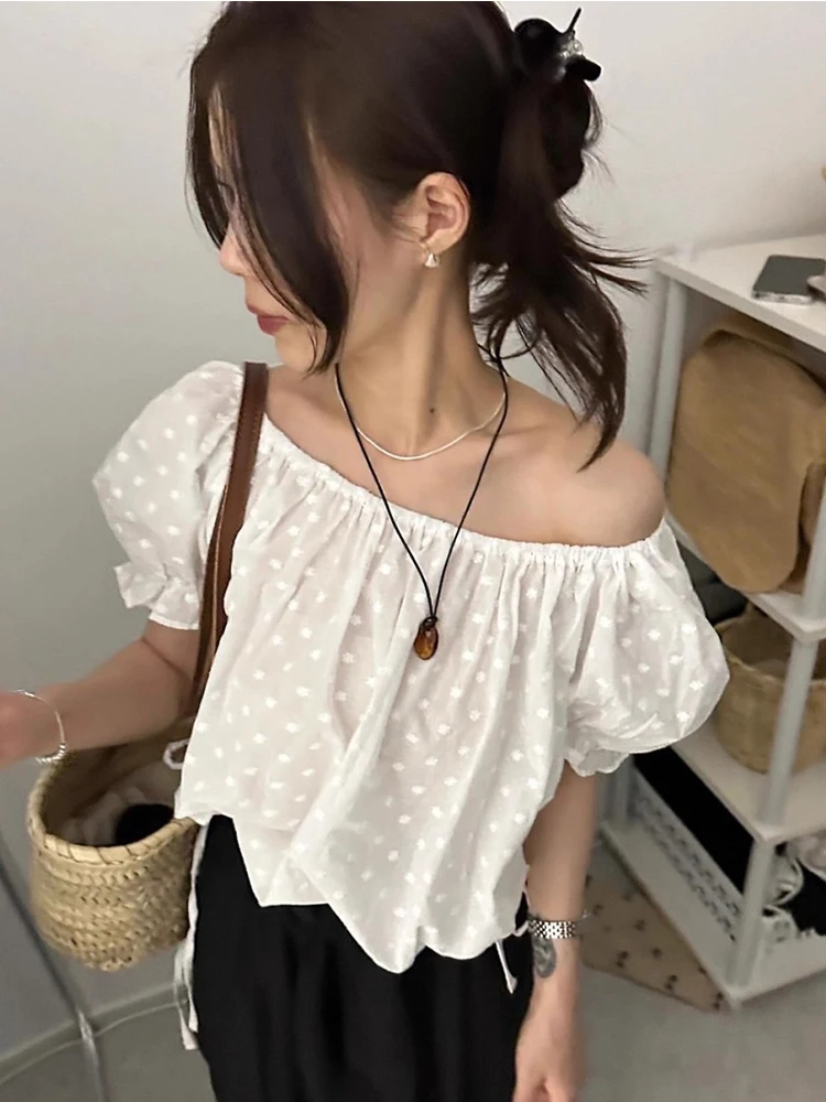 

Gagarich 2025 French One Collar Embroidered Jacquard Shirt Women Summer New Style Drawstring Lace Bubble Sleeve Top