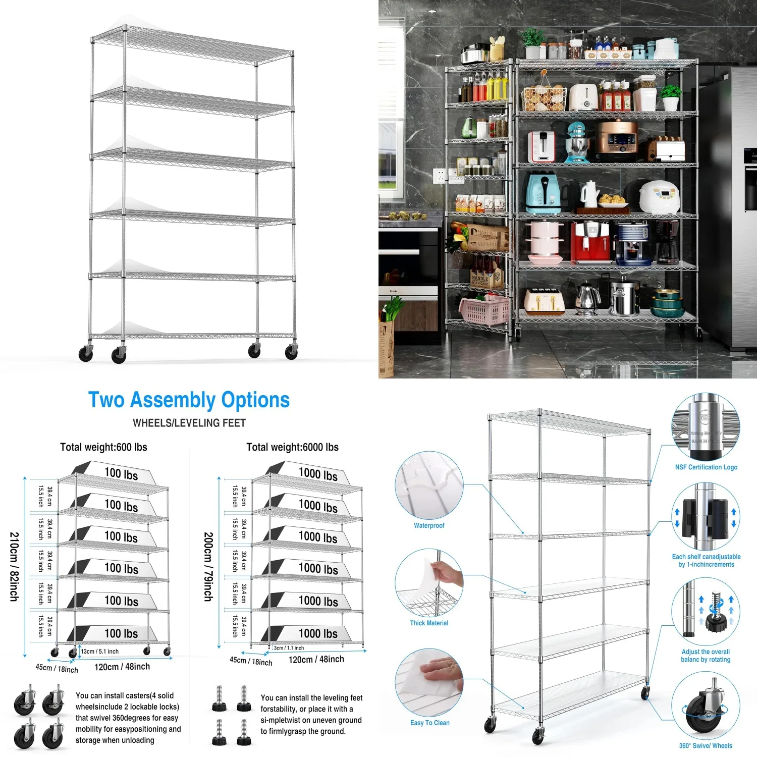 

6 Tier NSF Metal Shelf Wire Shelving Unit, 6000lbs Capacity Heavy Duty Adjustable Storage Rack with Wheels & Shelf, Customized