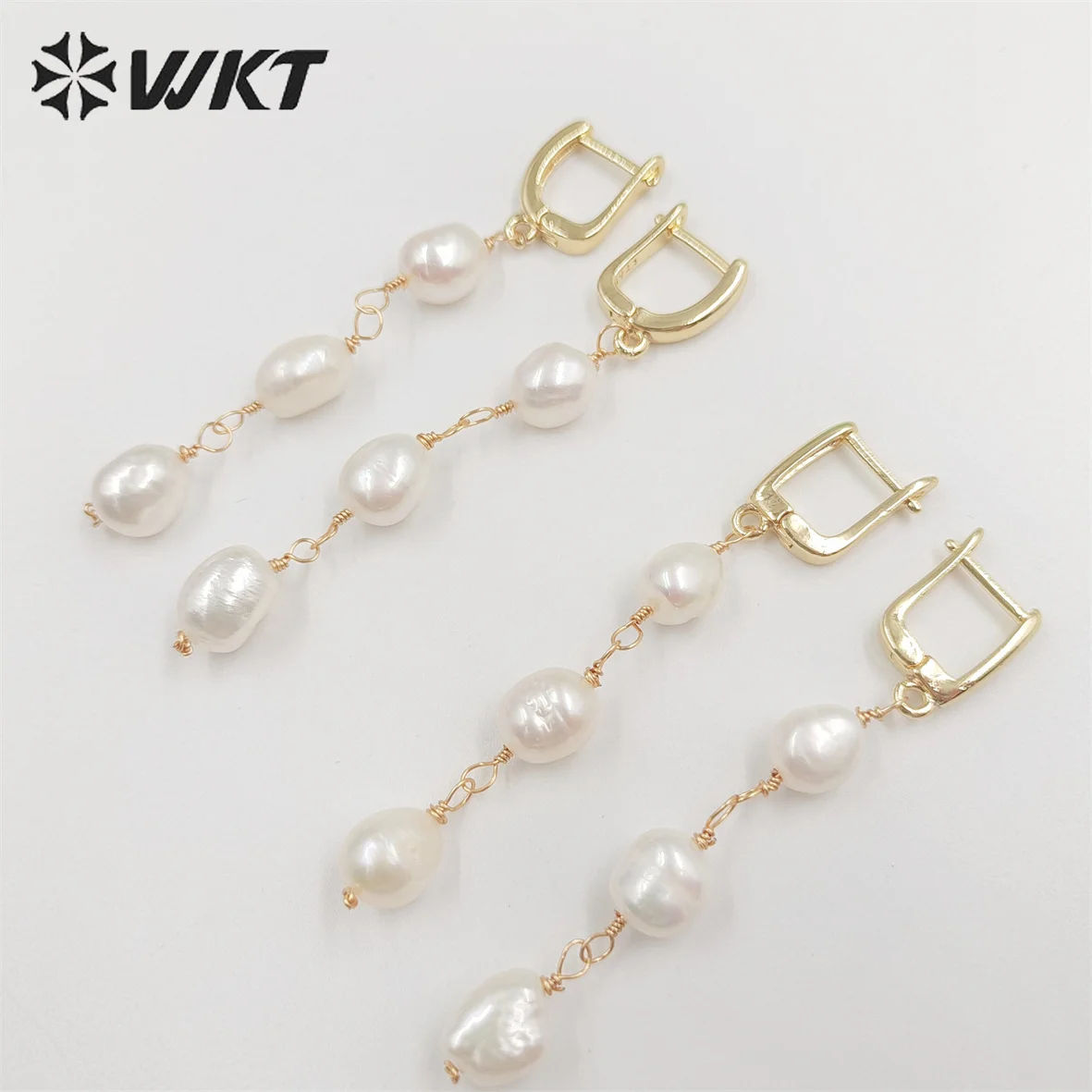 WT-MPE078 New Elegant triple Freshwater Pearl beads make clasp earrings fashion gold dangling wire wrapped real pearl earrings