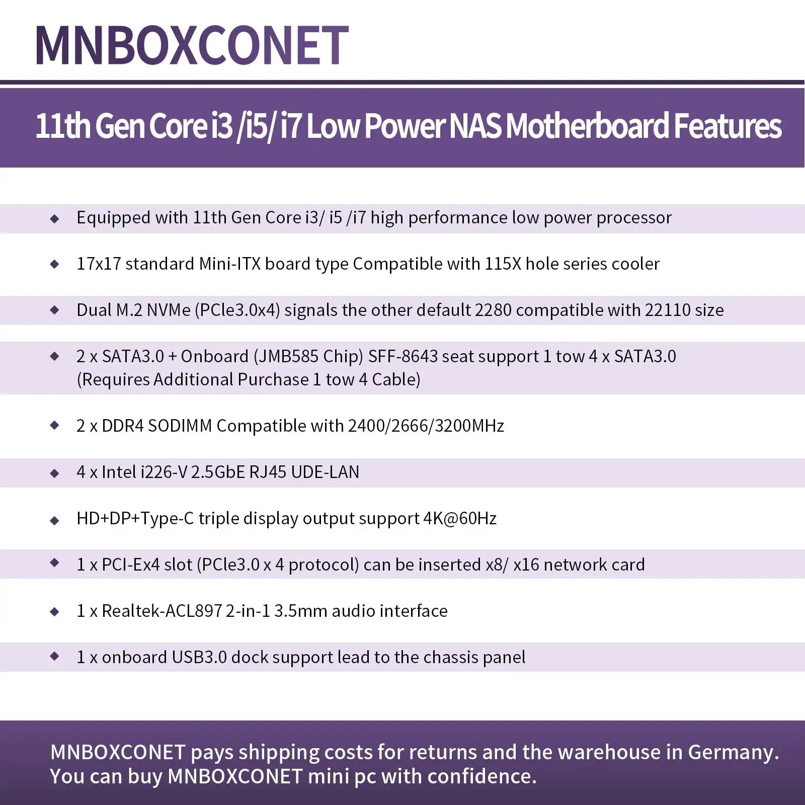 Материнская плата MNBOXCONET NAS Core i3 1115G4, UHD Graphics, Mini-ITX NAS Board, Barebone NO RAM NO SSD 4x i226V 2.5GbE LAN, 6xSATA3.0