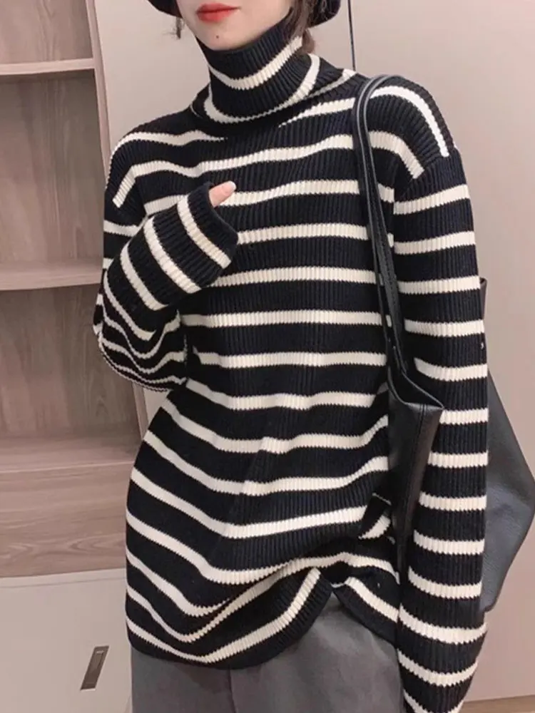 

Faionable High Ne Color Blo Striped Long Sve Вязаный топ Ele Уникальная внутренняя одежда Ранняя осень Ленивая основа irt