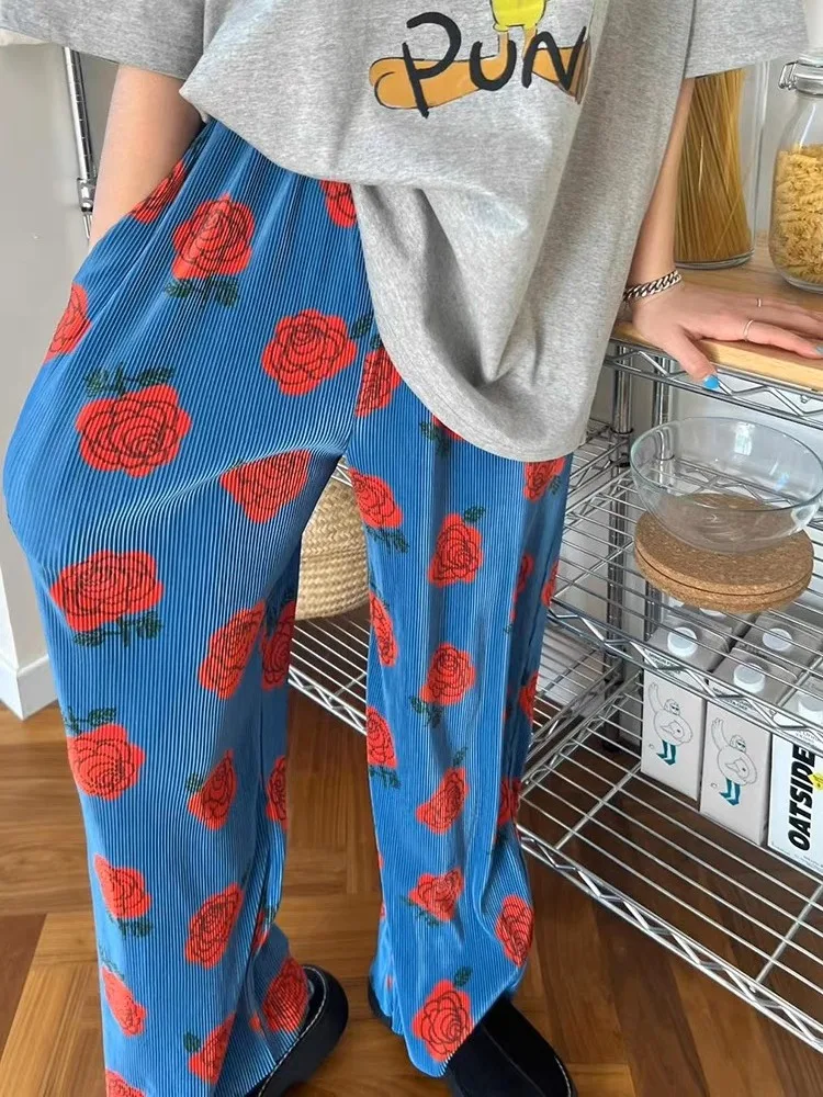 2024 Summer New Sweatpants Women Fashion Vintage Flower Print Loose Wide Leg Pants Y2k Grunge Elastic Waist Straight Trousers