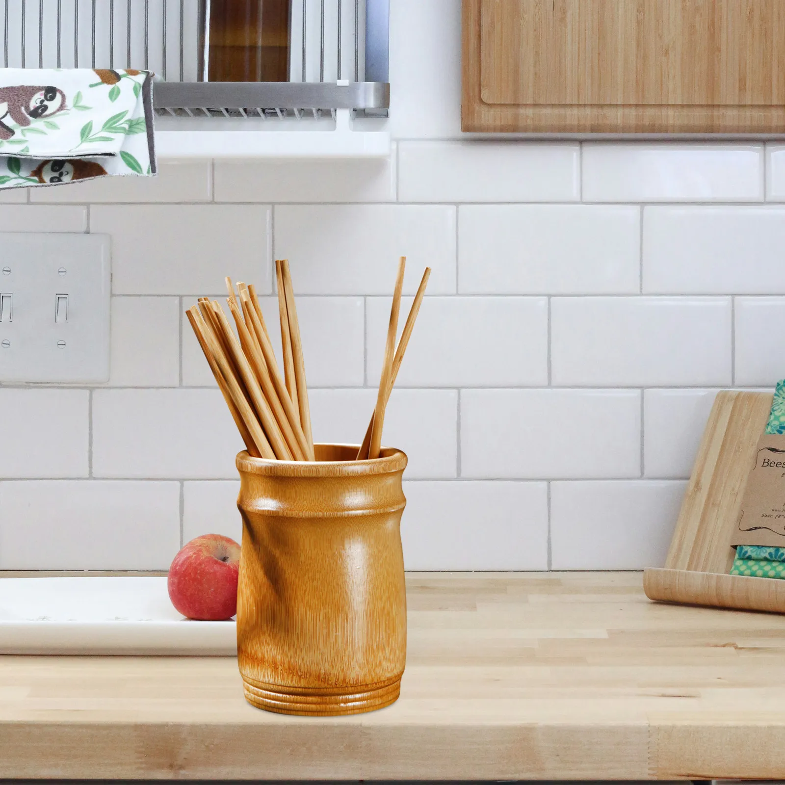 Bamboo Utensil Holder for Kitchen Counter Compact Tableware Organizer Flat Bottom Stable Design Cutlery Draining Box