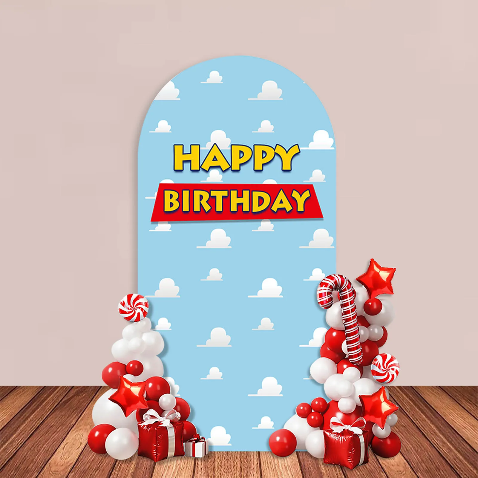 Happy Birthday Arch Backdrop Cover Blue Sky White Cloud Boy 1st Cake Party Decor Yellow Check Red Stripe Photography Background