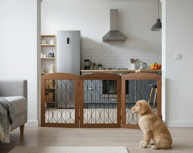 Wholesale Wooden Metal Pet Gate Folding Safety Barrier Stairs Doorways Hallways Adjustable Indoor Dog Gate Manufacturer Supplier