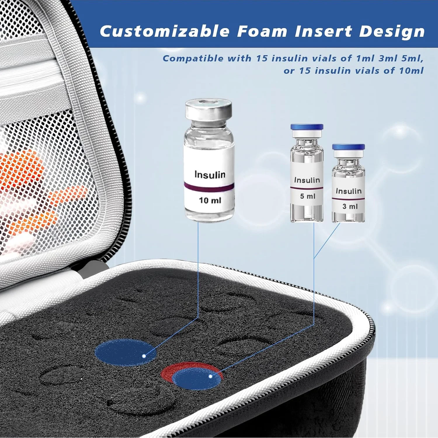 Hard Shell Peptides Case with Foam Insert,Insulin Vial Carrying Case for 1ml 3ml 5ml 10ml ,Portable Travel Storage Bag view 4