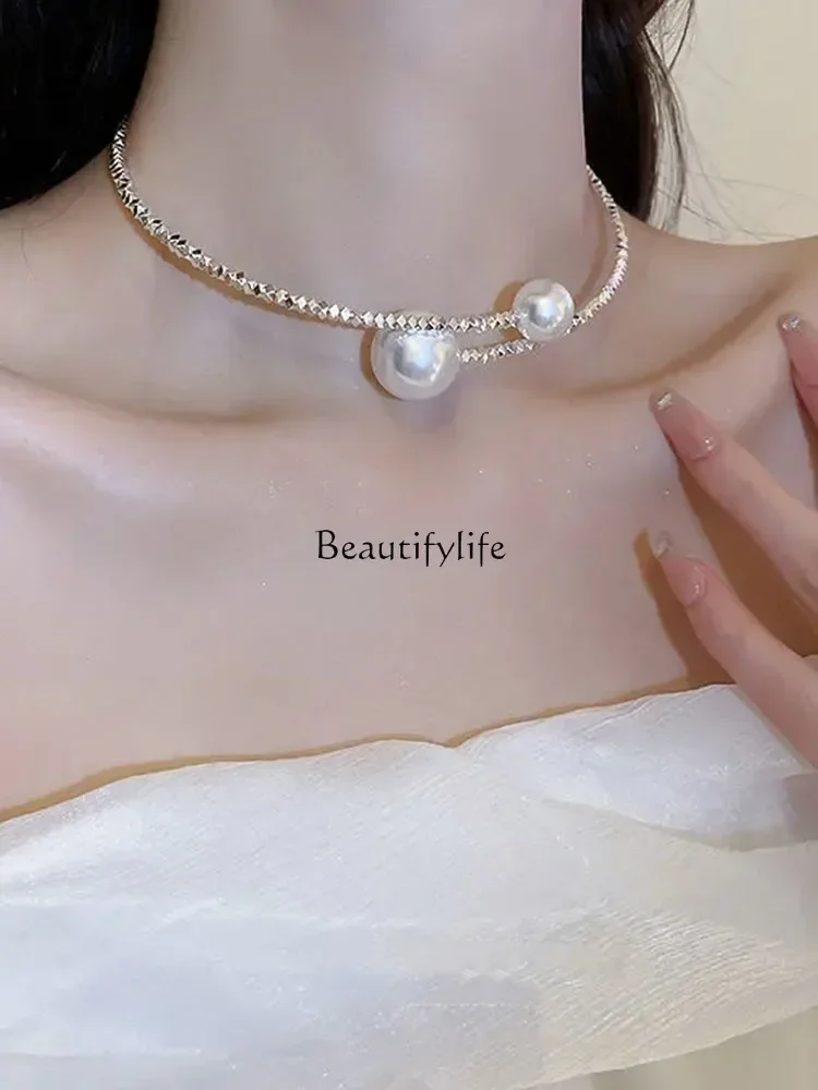 

Design Sense Broken Silver Several Two Pearls 2023 New Trendy Temperament Western Style High Sense Collarbone Accessories Female