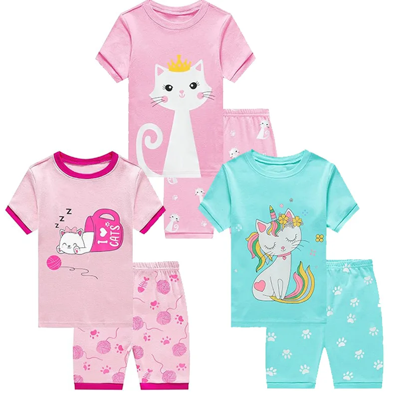 Little Hand Kids Printed Pyjamas Soft Short Sleeve Night Clothes Cartoon Cat Pattern Summer Loungewear Set for 2-7Y Girls