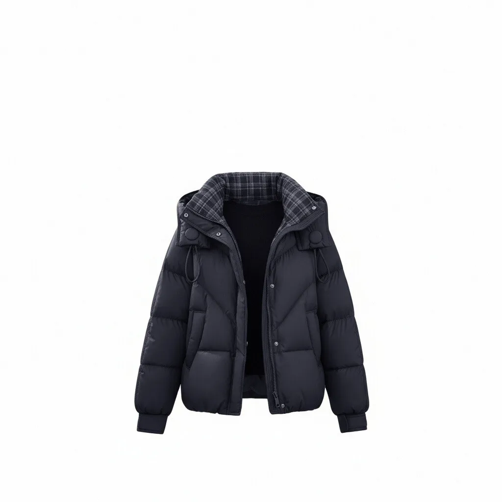Cropped Puffer Jacket Women Hooded Plaid Lining Padded Winter Coat Zip‑Up Loose Warm Short Parka Casual Daily Female Outerwear