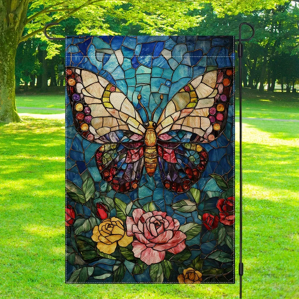 Vibrant Stained Glass Style Butterfly & Floral Garden Flag - Double-Sided 12x18in Polyester Yard Decor for Spring & Summer, No F