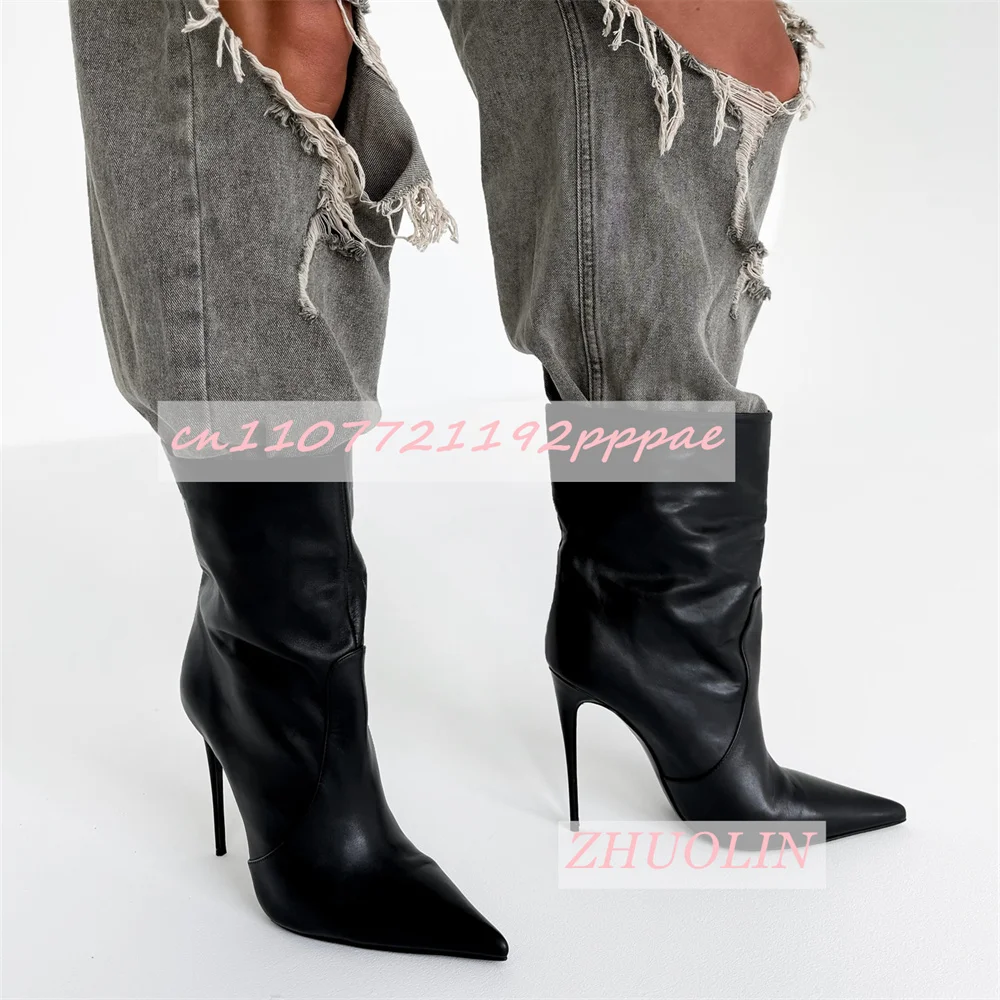 

Black Matte Patchwork Ankle Boots Slip-On Pointed Toe Stiletto Heel Straight Boots Fashion Trends Party Stage Boots For Women 46