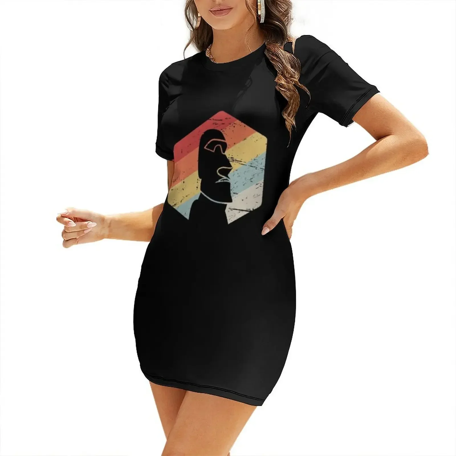 

Tiki Bar / Easter Island Head Moai - Vintage Short-Sleeved Dress evening dress woman summer dress womens 2026