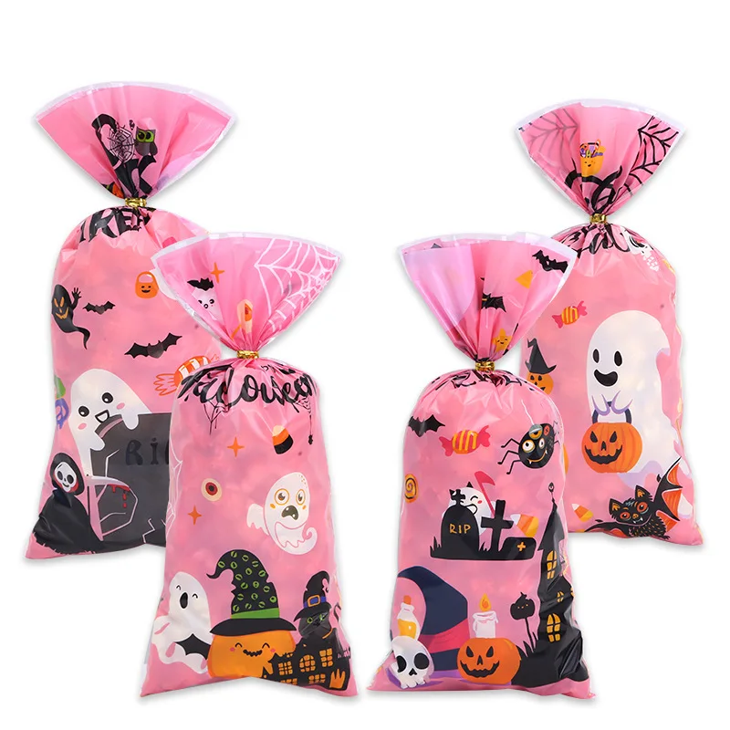 50Pcs Cartoon Pink Ghost Pumpkin Cookies Popcorn Candy Bags Trick or Treat Gift Packing Bag for Halloween Theme Party Decoration