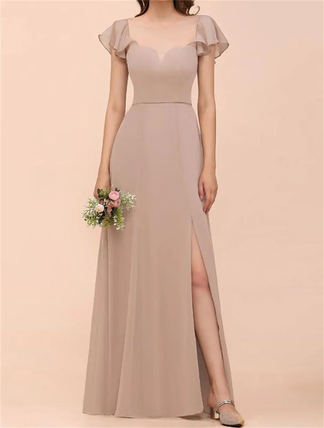 A Line Champagne Bridesmaid Dress Short Sleeves Square Neck Simple Chiffon Evening Gown Elegant Backless Beach Wedding Guests