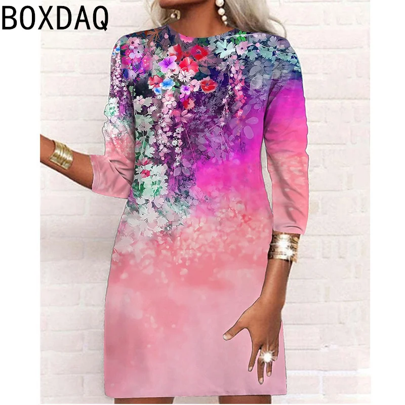 Fashion Colorful Gradient Print Dress 6XL Big Size Women Spring Long Sleeve O-Neck Casual A-Line Dress Vestidos