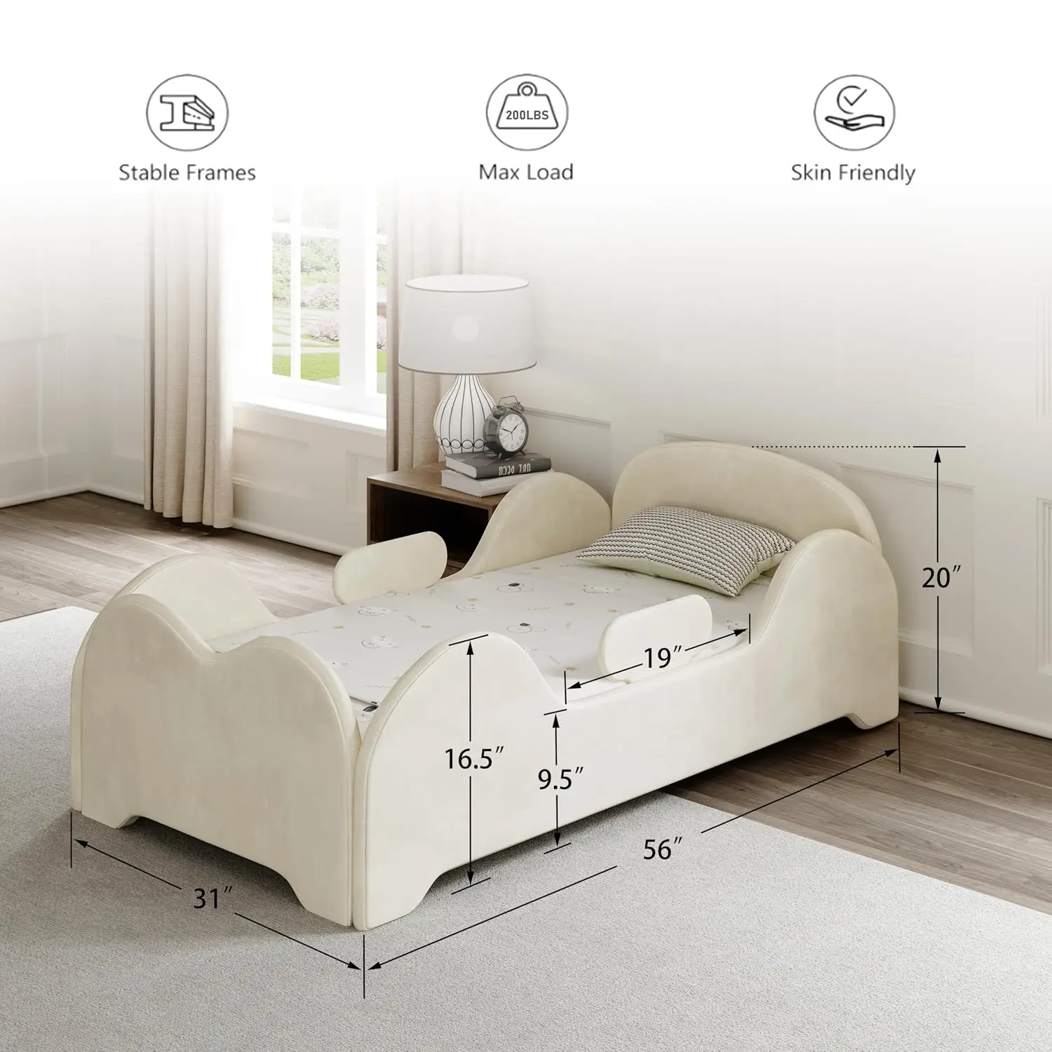 Toddler Floor Bed with Safety Rail Low to Floor Design Standard Crib Size Certified Fabric for Kids Bedroom, Customized