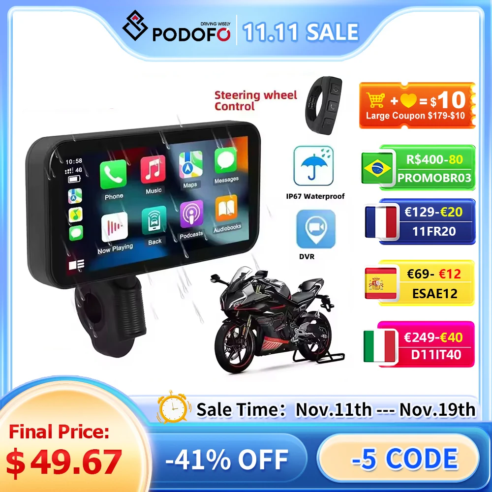 Podofo Motorcycle Navigation Carplay 6.25'' Smart Player Android Auto IP67 Waterproof Carplay Portable Motorcycle Motor Monitor