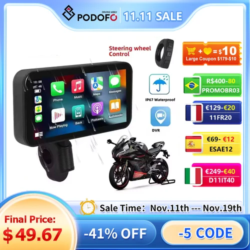 Imagen 2 del producto Podofo-REPRODUCTOR inteligente para motocicleta, dispositivo con pantalla de 6,25 pulgadas, Android, IP67, Carplay, resistente al agua, portátil