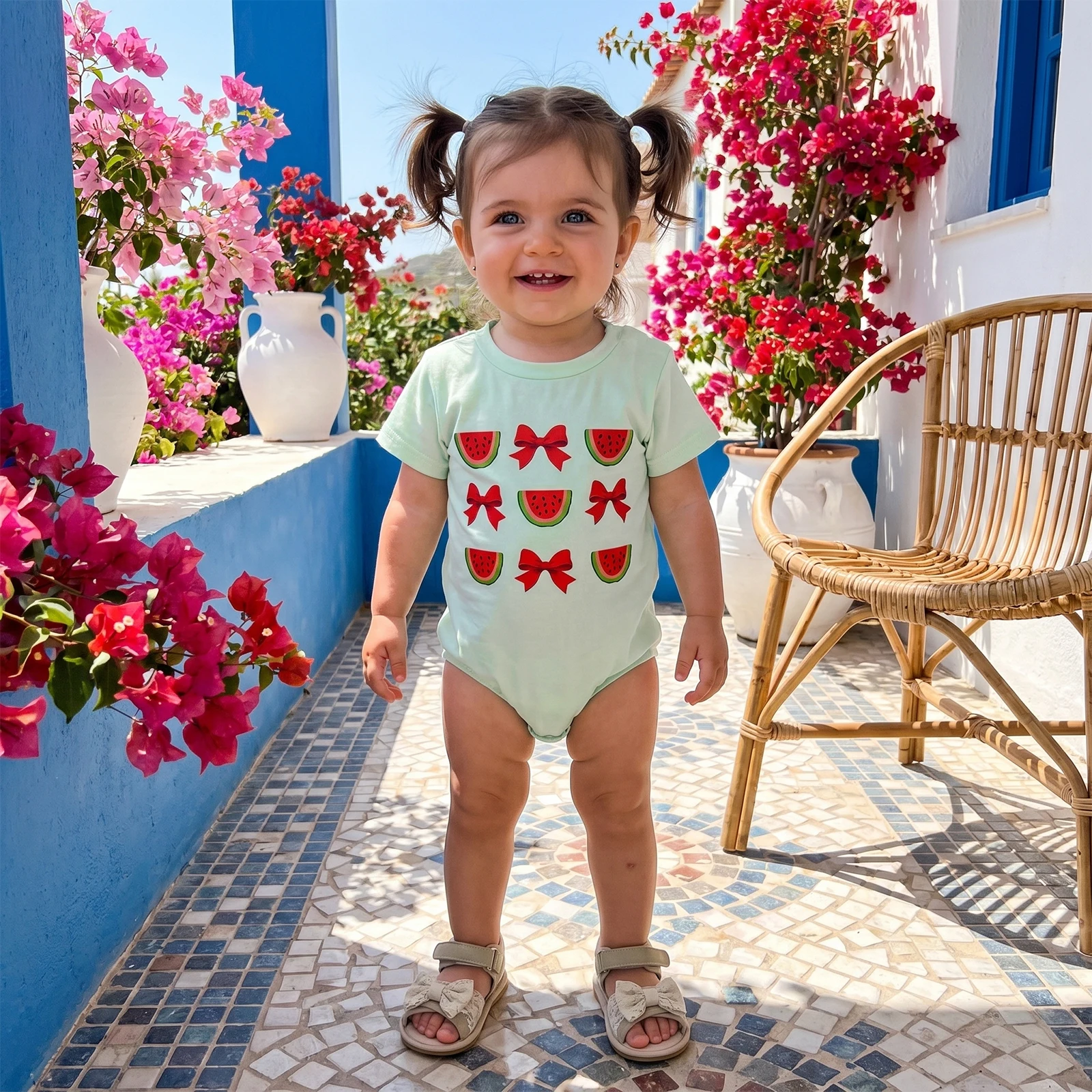 Focusnorm 0-18m adorável bebê meninas meninos verão macacão manga curta melancia arco impressão bodysuit recém-nascido playsuit