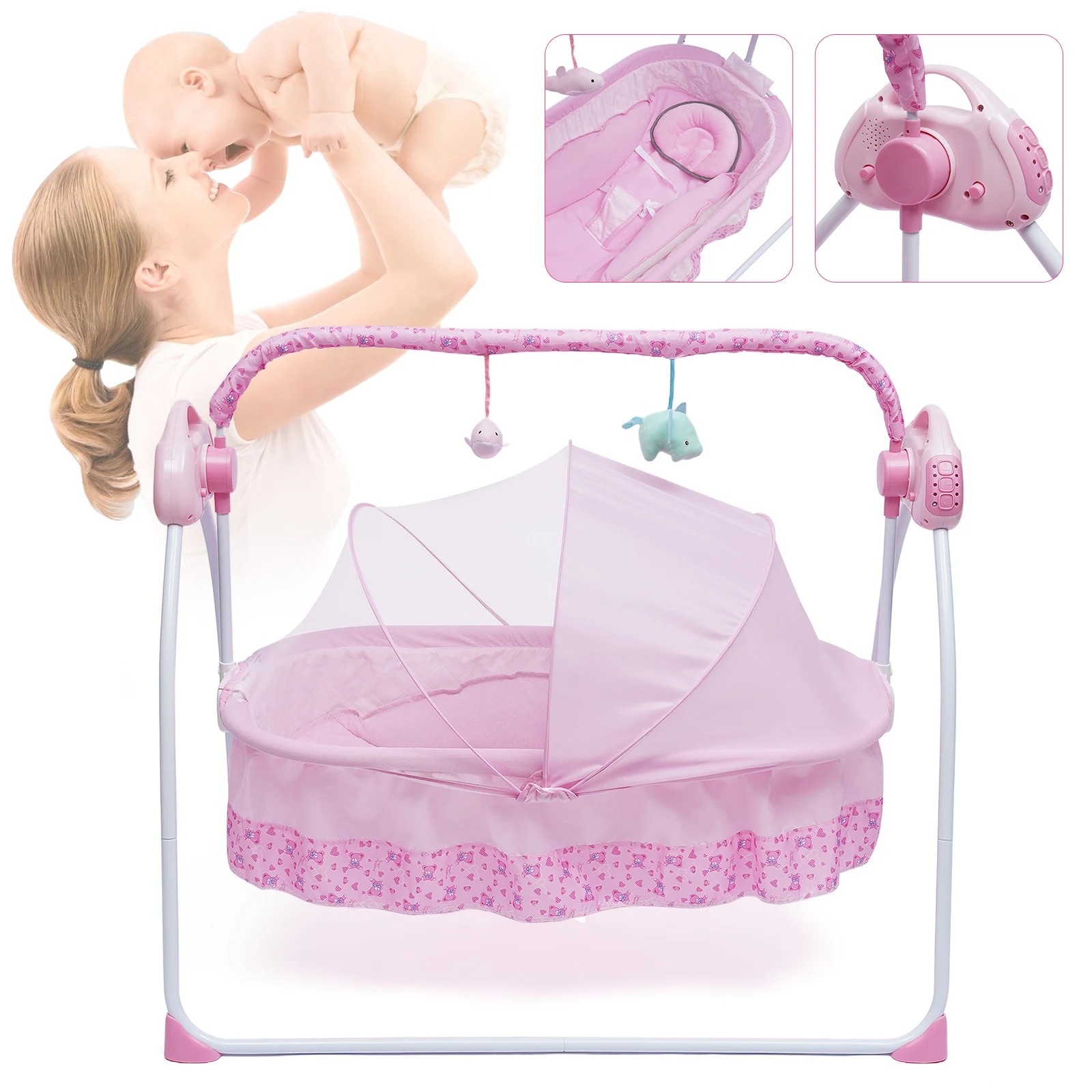 Pink Adjustable Baby Crib Cradle Foldable Electric Auto-Swing Rocking Bassinet Timer Bluetooth Nursery Furniture + Mat