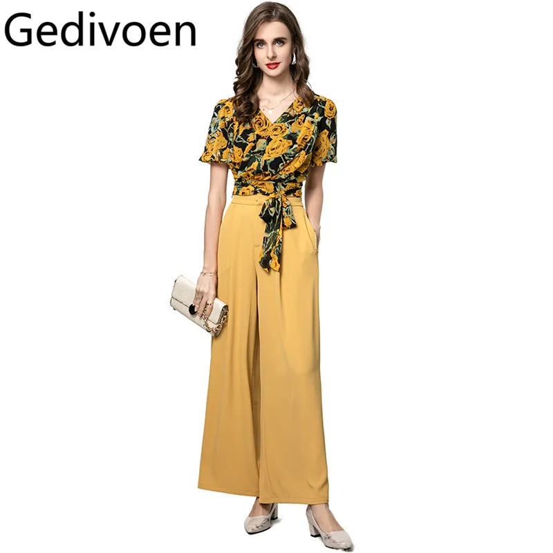 

Gedivoen весна лето новый стиль повседневный дизайнерский костюм с v-образным вырезом и короткими рукавами на шнуровке топы + повседневные прямые брюки комплект из 2 предметов