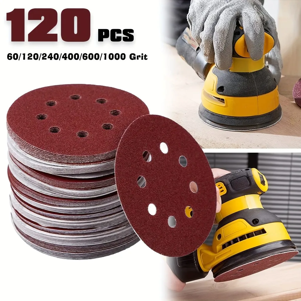 

120Pcs 5" 8-Hole Sanding Discs – Alum Oxide, 60-1000 Grit, for Wood, Metal, Drywall, Crafts