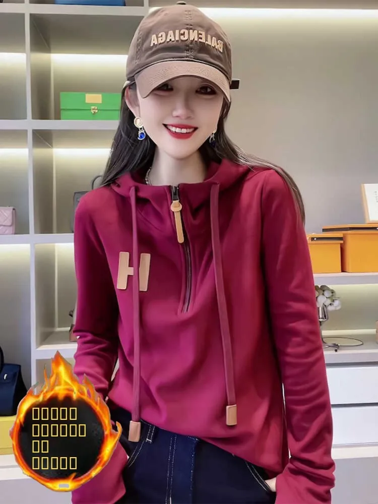 

Красный свитшот с капюшоном и завязками, женский, модный, в корейском стиле, приталенный, весенняя новинка, уличный стиль