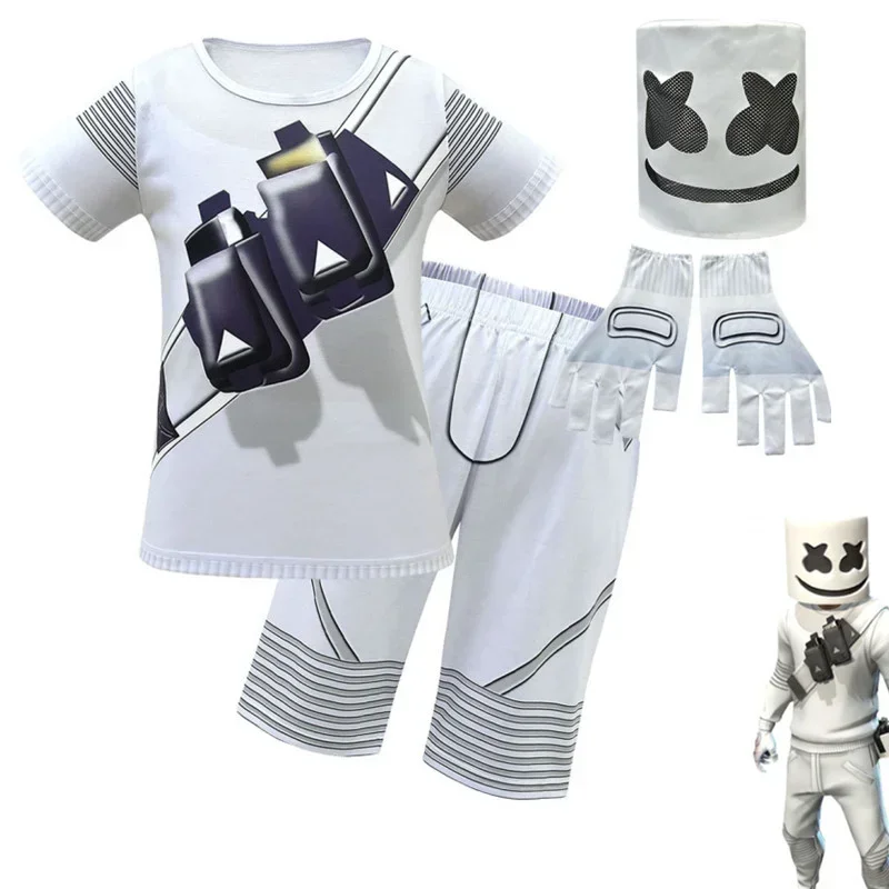 Kids Cosplay Costumes Marshmello Rock Summer T-Shirt Shorties Sets DJ Mask Anime Children'S Halloween MN7