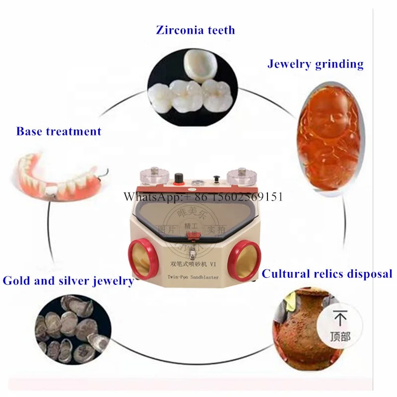 LED Dental Laboratory Twin-Pen Sandblasting Machine Large View Window Sandblaster