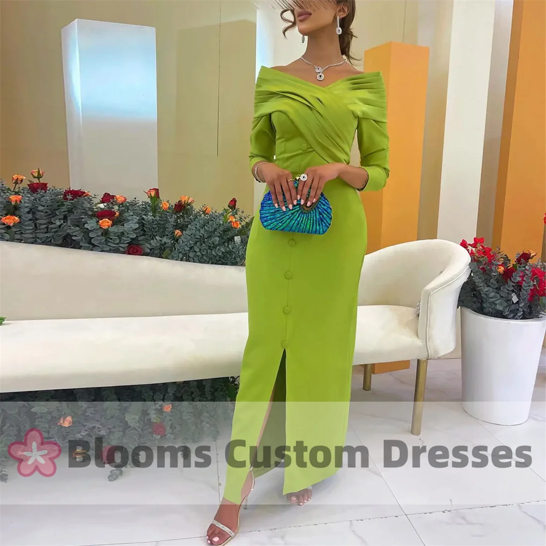 Blooms Off Shoulder Evening Gown Women Mermaid Button Party Prom Dress Elegant Saudi Arabia Long Sleeves Special Occasion Gowns