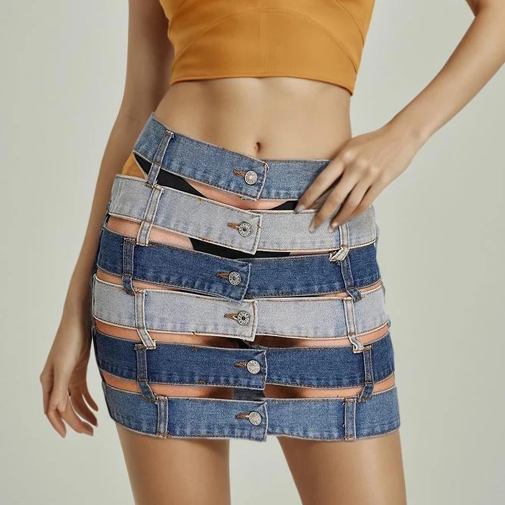 Hollow Out Patchwork Denim Skirts High Waist Single Breasted Colorblock Slim Summer A Line Mini Bodycon Skirt Female