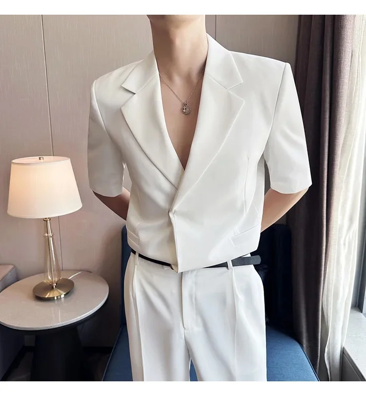 Summer Suit Men Slim Fit Fashion Social Mens Dress Suit Korean Two-piece Set Short Sleeve Blazer Pants Mens Office Formal Suits