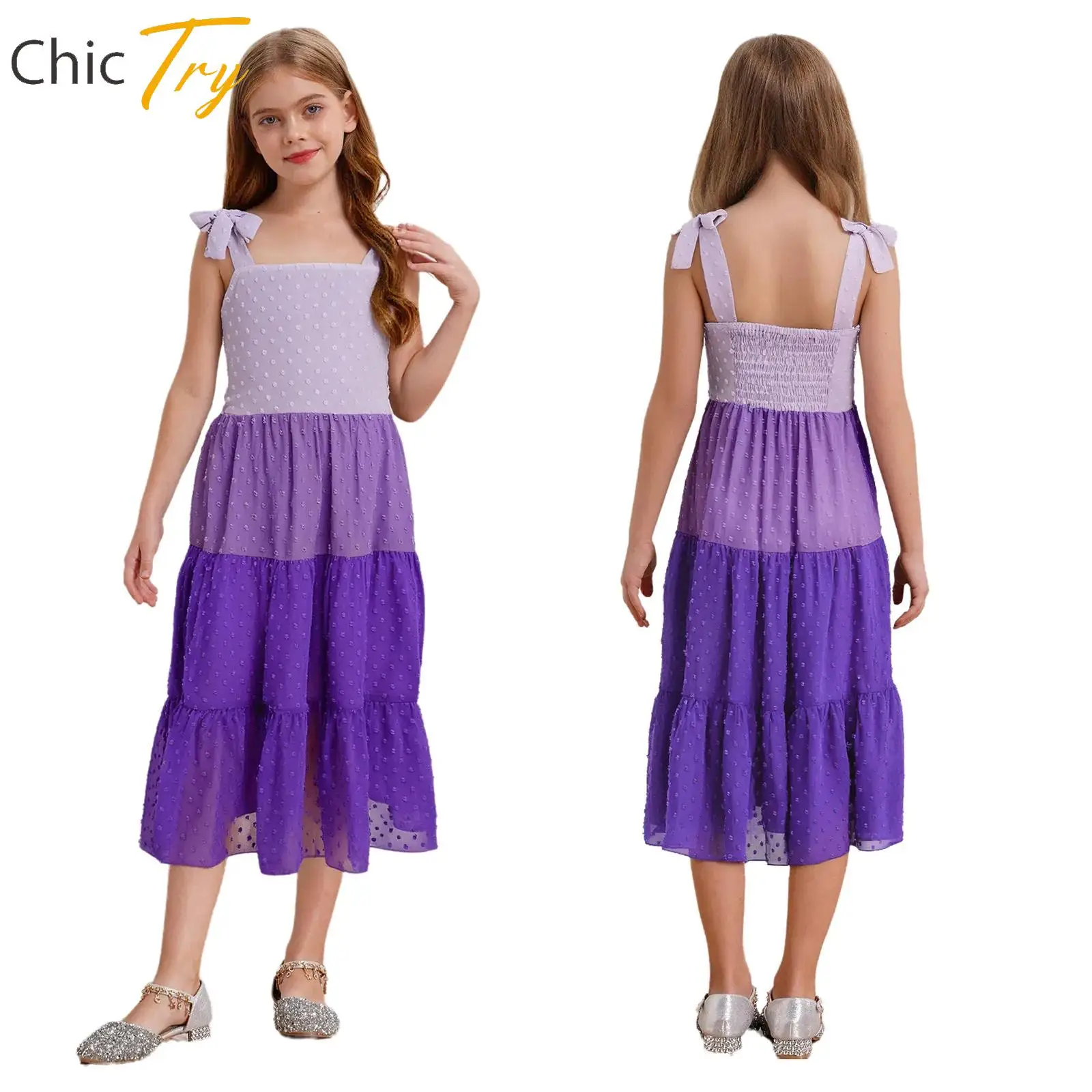 

Kids Girls Dots Tiered Chiffon Dress Party Dress Adjustable Self-Tie Shoulder Straps Sundress for Beach Vacation Birthday Party