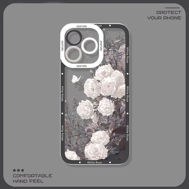 INS White Roses Bloom Brilliantly For iPhone Case 16 15 14 13 12 11 Pro XR XS Max 7 8 Plus Shockproof Soft Phone Y2K INS Cover