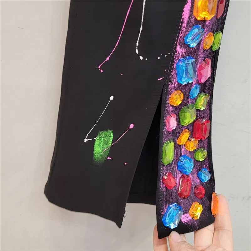 Luxury Colorful Diamonds Beaded Graffiti Painted pantaloni Hot Drilling elastico dimagrante strass Legging mutande Capris