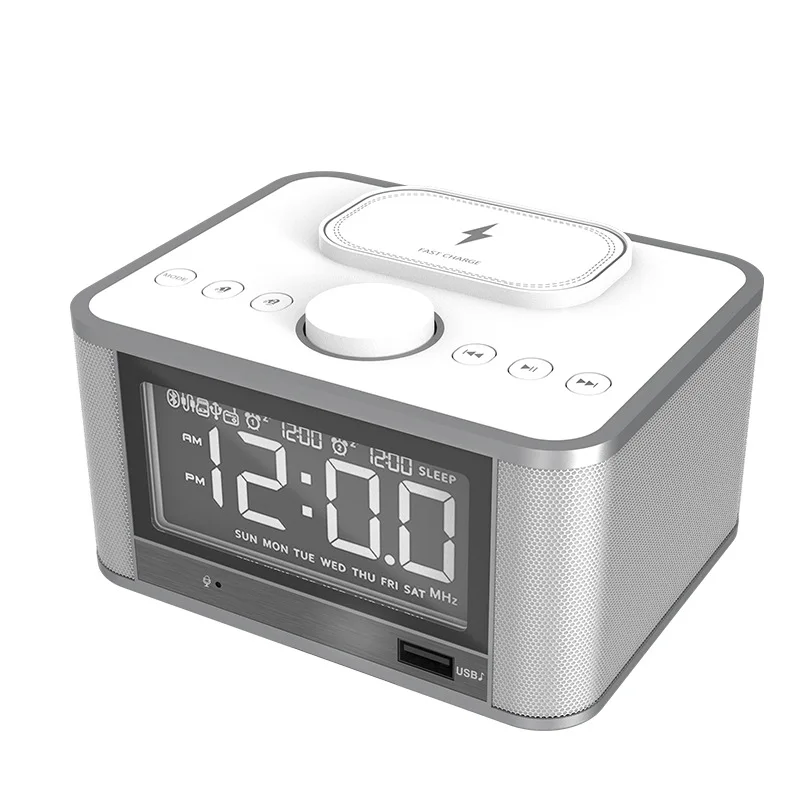 Digital Alarm Clock Radio, Bedside Wireless QI Charging, Bluetooth Speaker With EU/UK/US Plug