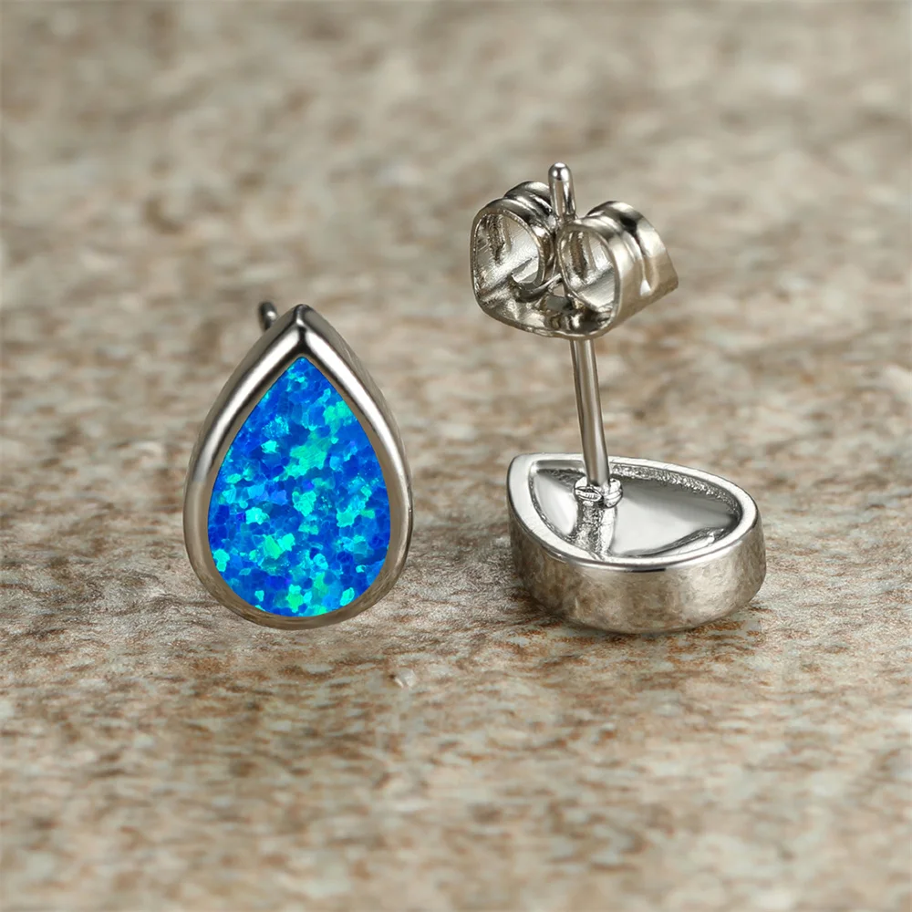 الأبيض الأزرق أوبال قطرة الماء حجر أقراط صغيرة موضة فضية اللون الكمثرى قطع جوهرة الميلاد مجوهرات الزفاف للنساء #4