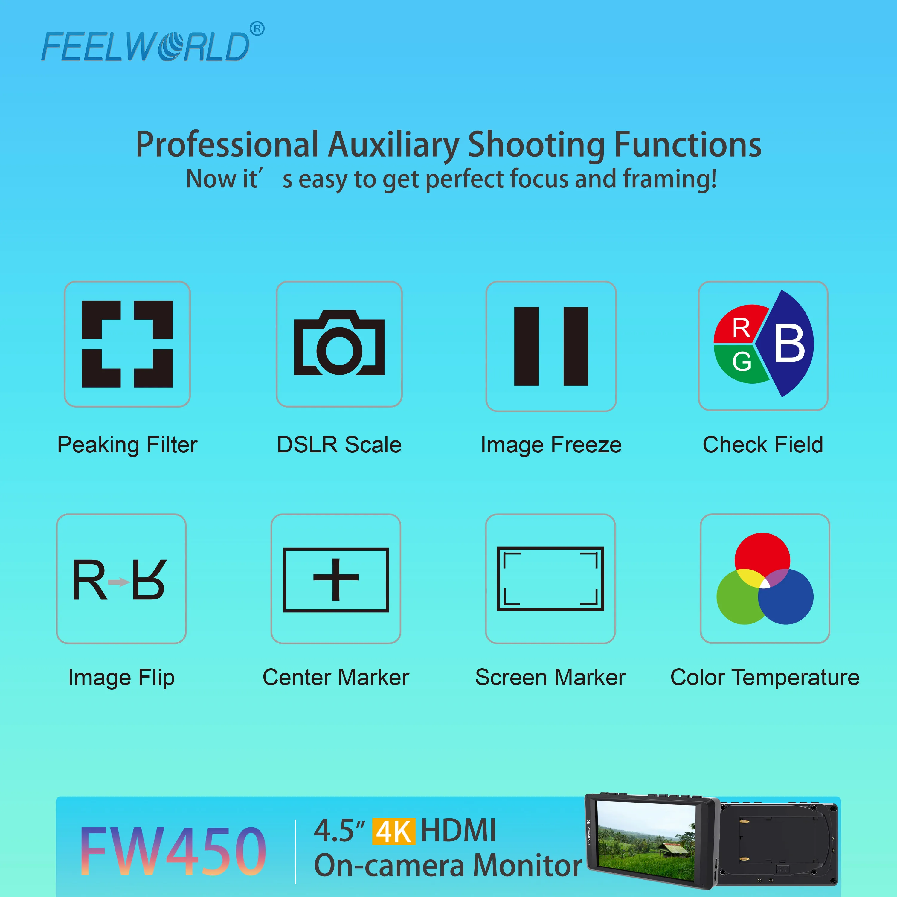 Monitor assistente de transmissão FEELWORLD FW450 4,5 "HD IPS 1280x720 HDMI 4K Entrada Monitoramento de áudio Escala personalizada