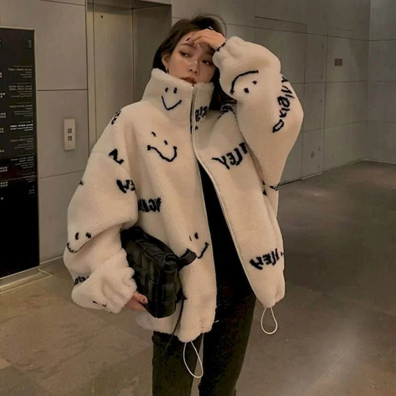 Fluffy Quilted Coats for Women Stand Collar Hooded Long Sleeved Color Block Cardigans Oversized Winter Jackets Loose Women Tops