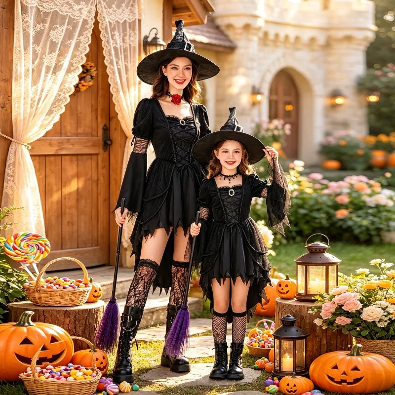 Vestido corto de mujer con cuello cuadrado, mangas abullonadas, paneles de malla y dobladillo asimétrico, ideal para fiestas temáticas de Halloween.