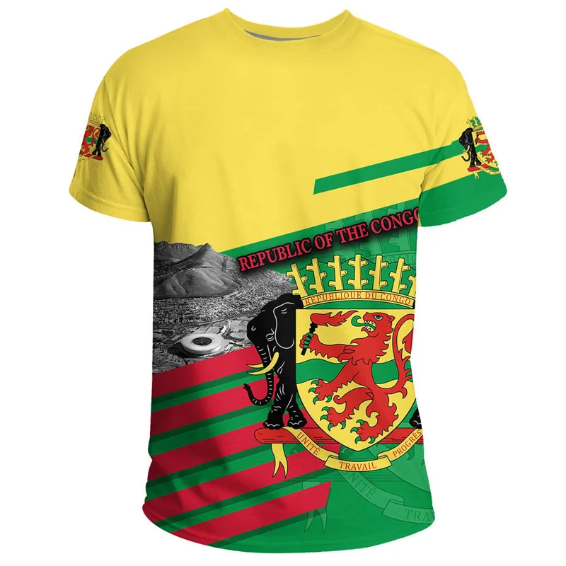 African Congo Coat Of Arms T-shirt For Men Kids Summer 3D Printed Loose T Shirt Casual Tops Sports Short Sleeved Round Neck Tees